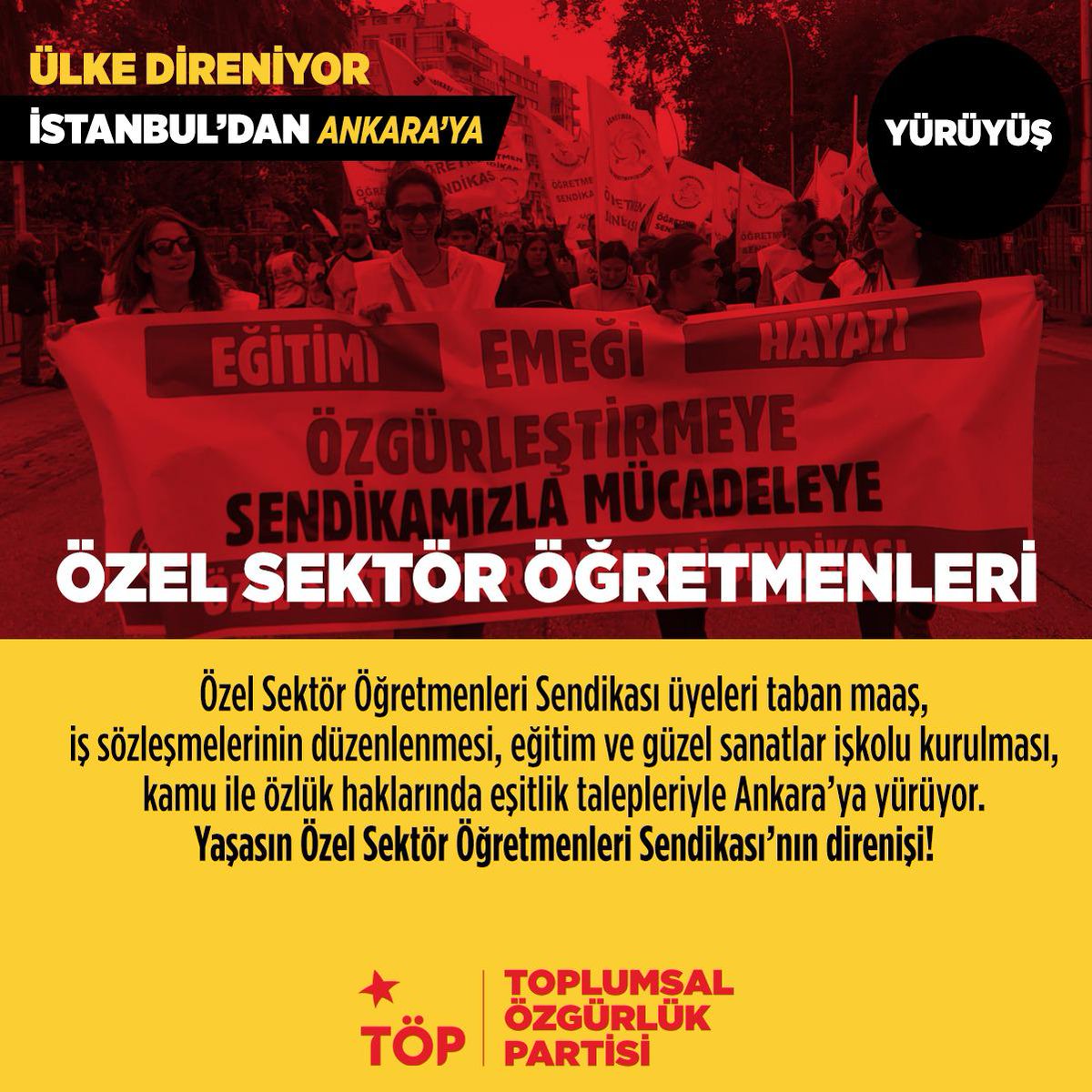 Özel Sektör Öğretmenleri Sendikası; taban maaş, kamu ile eşit haklar, belirsiz süreli iş sözleşmesi ve sendika kolu değişikliği talepleriyle yarın İstanbul'dan Ankara'ya yürüyor!

Haklı taleplerinin, onurlu mücadelelerinin yanındayız. Yarın 15.30'da Kadıköy Sendika Genel Merkezi
