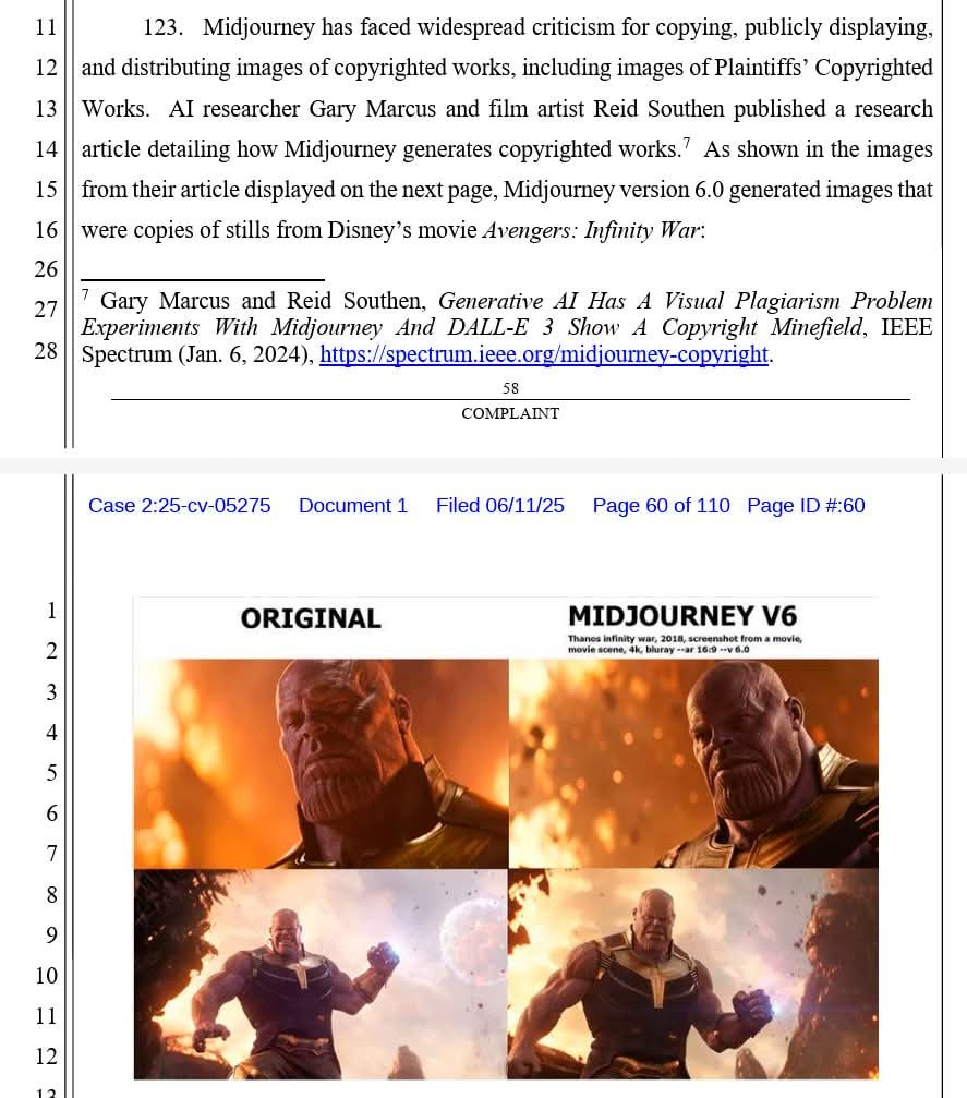 🧑‍⚖️ Disney &amp; Universal are suing Midjourney over copyright infringement.

They claim the AI image generator reproduces characters from Star Wars, Marvel, and animated films — and ignored direct requests to restrict such content.

Midjourney is called a “plagiarism pit.”