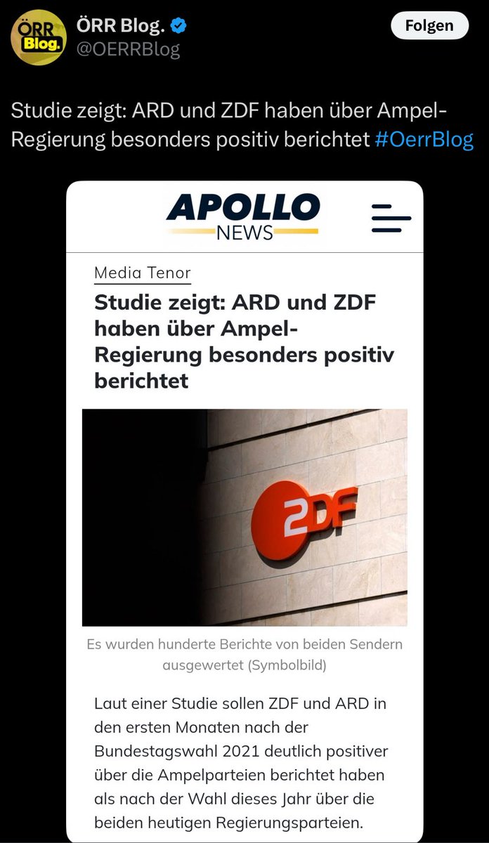 Sozusagen CSU-Nius
compact feat. #ÖRRBlog 😇

✔️ Apollo News 👍 🤣
✔️ Studie 👍 🤣
✔️ Media Tenor 👍 🤣 (👀 de.m.wikipedia.org/wiki/Media_Ten…)
✔️ Veröffentlicht wurden die Ergebnisse in der Zeitschrift „Evangelische Verantwortung“ - Herausgeber: Evangelischer Arbeitskreis der CDU/CSU 👍🤣