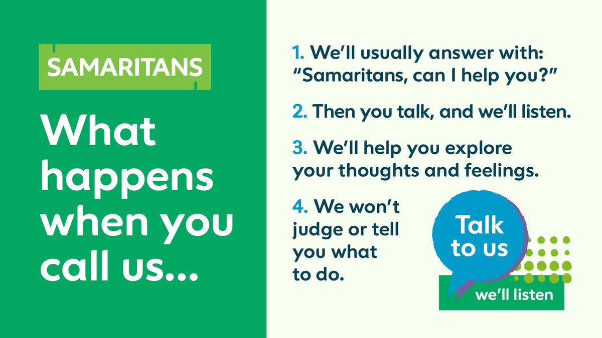 MayoSamaritans's tweet image. We know reaching out can be a big step 📱💚
It's OK to feel nervous or unsure - we can ask a few simple questions to help you open up.
We’re here to listen, and the conversation will go at a pace that feels right for you.
Call us day or night on 116 123 📱