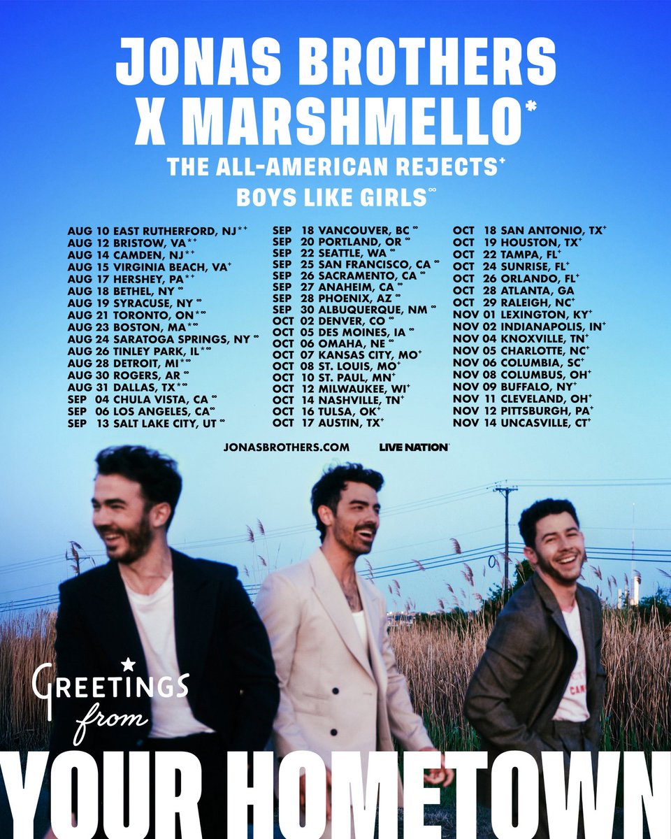 JONASCON2025's tweet image. JONAS20: Greetings From Your Hometown Tour 💙 ticketmaster.com/jonas-brothers…