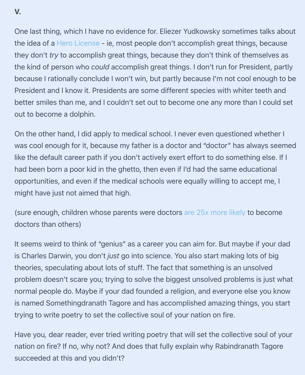 <a href="/astralcodexten/">astralcodexten</a> I like this "Hero License" idea as well.

I experienced this when I did a Masters at Harvard, having attended the University of Calgary.

There were all these people with great ambitions and self-confidence, who were smart, but not like so much insanely smarter than me.

And I