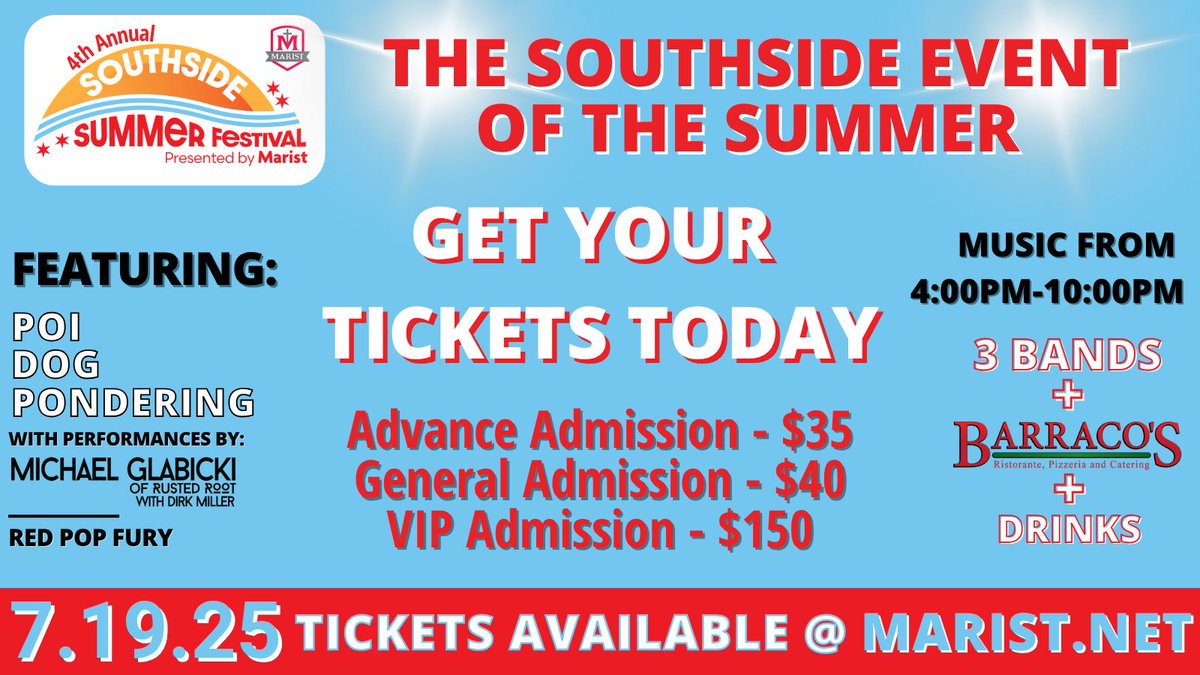 Tickets are still available for the 4th Annual Southside Summer Festival, presented by Marist! We offer three ticket options: Advance Admission ($35), General Admission ($40), and VIP Admission ($150). 

Click the link to purchase &amp; find event details: marist.net/southside-summ…