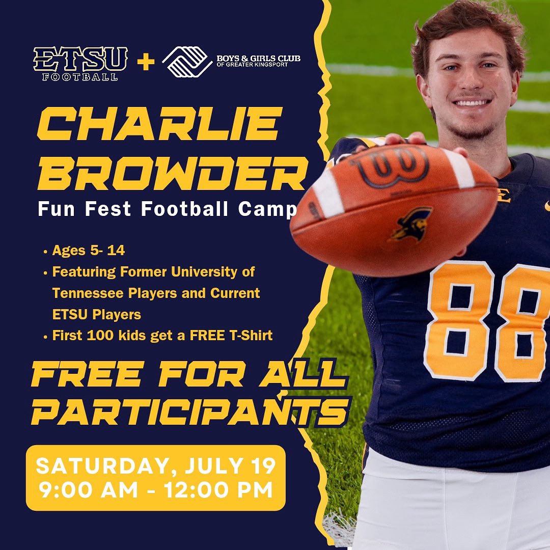 Excited to be hosting the Charlie Browder Fun Fest Football Camp in partnership with the Kingsport Boys &amp; Girls Club and Fun Fest!

📅 Saturday, July 19
🕘 9 AM - 12 PM
👦Ages 5-14(K-8)
👕First 100 kids get a FREE T-shirt
‼️FREE for all participants

funfest.wufoo.com/forms/charlie-…