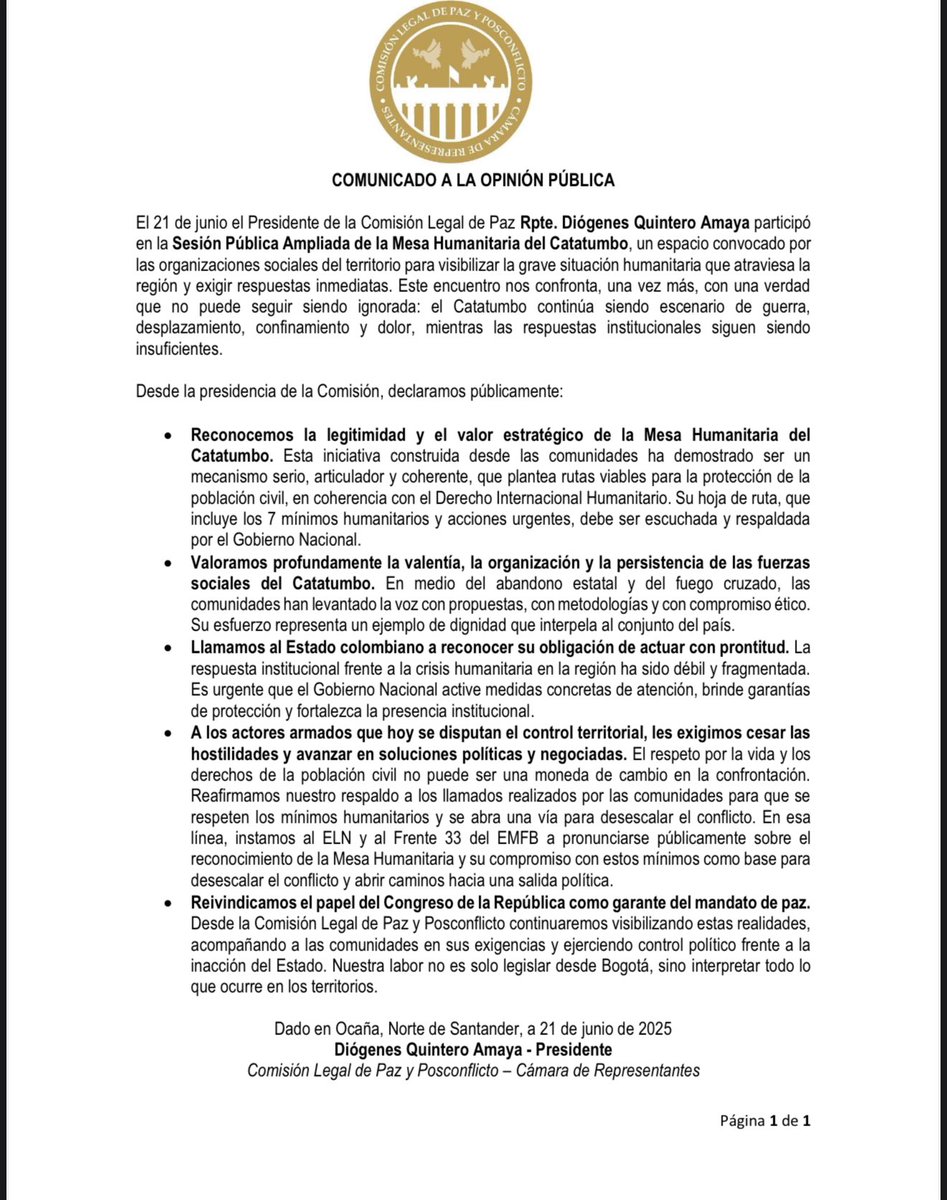 📍Desde la Comisión Legal de Paz impulsamos la Mesa Humanitaria del Catatumbo como un mecanismo serio, articulado y coherente para proteger a la población civil y desescalar el conflicto armado en la región.
#ConLaPazMeComprometo #Catatumbo