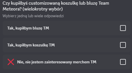 Właśnie na naszym Discordzie ruszyła ankieta odnośnie merchu Team Meteora! 
Jeżeli jesteście zainteresowani koszulką albo bluzą swojej ulubionej drużyny, to wbijajcie na serwer oddać głos w ankiecie na kanale ogłoszenia!
discord.gg/n6CTCgtVbQ