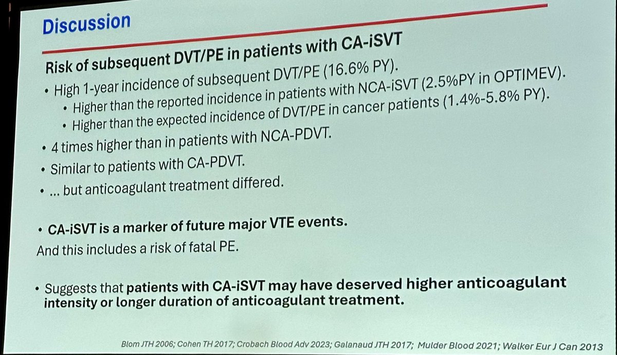 In cancer patients isolated superficial vein thrombosis isn’t benign
💙 ⬆️ risk of subsequent DVT/PE compared to noncancer patients w prox DVT
♥️ 16% incidence at 1 year
💙 also ⬆️ risk of fatal PE &amp; death
Maybe these patients should be Rx with full dose AC or longer Rx
#ISTH2025