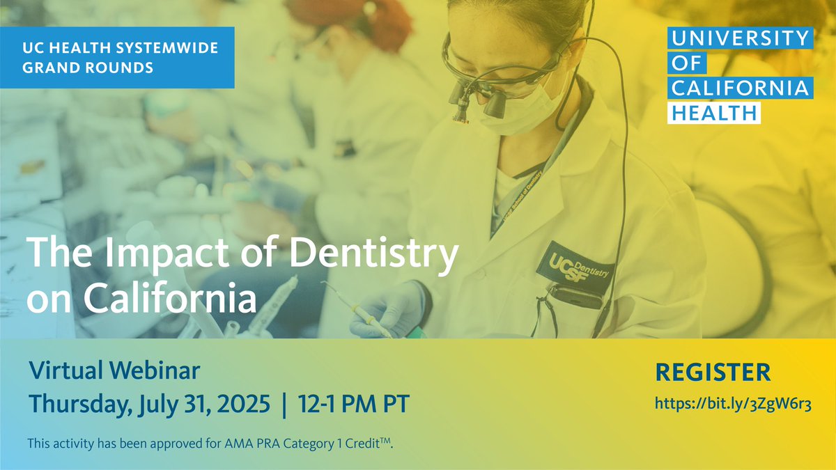 University of California Health (@uofcahealth) on Twitter photo 🦷 UC Health Grand Rounds are here again: join us July 31, 12–1 PM for a virtual panel with experts from <a href="/ucsfdentistry/">UCSF Dentistry</a> & <a href="/UCLA_Dentistry/">UCLA Dentistry</a> on how oral health shapes overall health.
🩺 CE credit available.
🔗 Register: bit.ly/3ZgW6r3
#GrandRounds #OralHealth #PublicHealth 🦷 UC Health Grand Rounds are here again: join us July 31, 12–1 PM for a virtual panel with experts from <a href="/ucsfdentistry/">UCSF Dentistry</a> & <a href="/UCLA_Dentistry/">UCLA Dentistry</a> on how oral health shapes overall health.
🩺 CE credit available.
🔗 Register: bit.ly/3ZgW6r3
#GrandRounds #OralHealth #PublicHealth