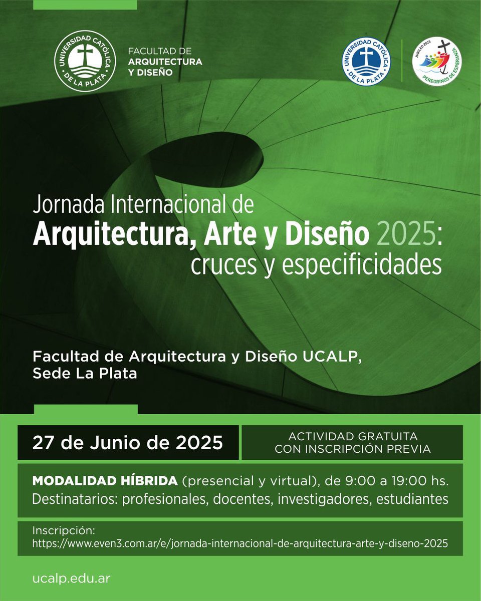 Facultad de Arquitectura y Diseño UCALP (@fad_ucalp) on Twitter photo Jornada Internacional de Arquitectura, Arte y Diseño 2025: cruces y especificidades
27 de junio de 2025, modalidad híbrida. Facultad de Arquitectura y Diseño UCALP, Sede La Plata.
Últimos días de inscripción: even3.com.ar/e/jornada-inte…
#Jornada #Arquitectura #Arte #Diseño Jornada Internacional de Arquitectura, Arte y Diseño 2025: cruces y especificidades
27 de junio de 2025, modalidad híbrida. Facultad de Arquitectura y Diseño UCALP, Sede La Plata.
Últimos días de inscripción: even3.com.ar/e/jornada-inte…
#Jornada #Arquitectura #Arte #Diseño