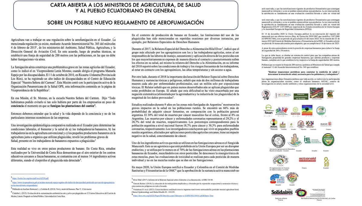 Organizaciones ecuatorianas e internacionales se pronuncian en contra de reducir la distancia de fumigaciones aéreas entre las plantaciones y la población
#PorElDerechoALaSalud
#PorElDerechoALaVida
<a href="/AstacEcuador/">ASTAC</a> 
<a href="/uccsnal/">UCCSNAL</a>