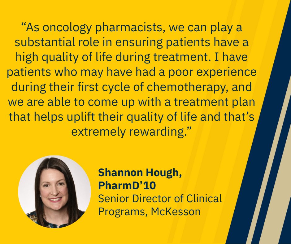 #ICYMI: U-M PharmD alum Shannon Hough leads a team of pharmacists making a profound impact on patients navigating cancer -- helping improve their overall quality of life.

Read why this work is so important to her in this story:  bit.ly/3FxuNlf