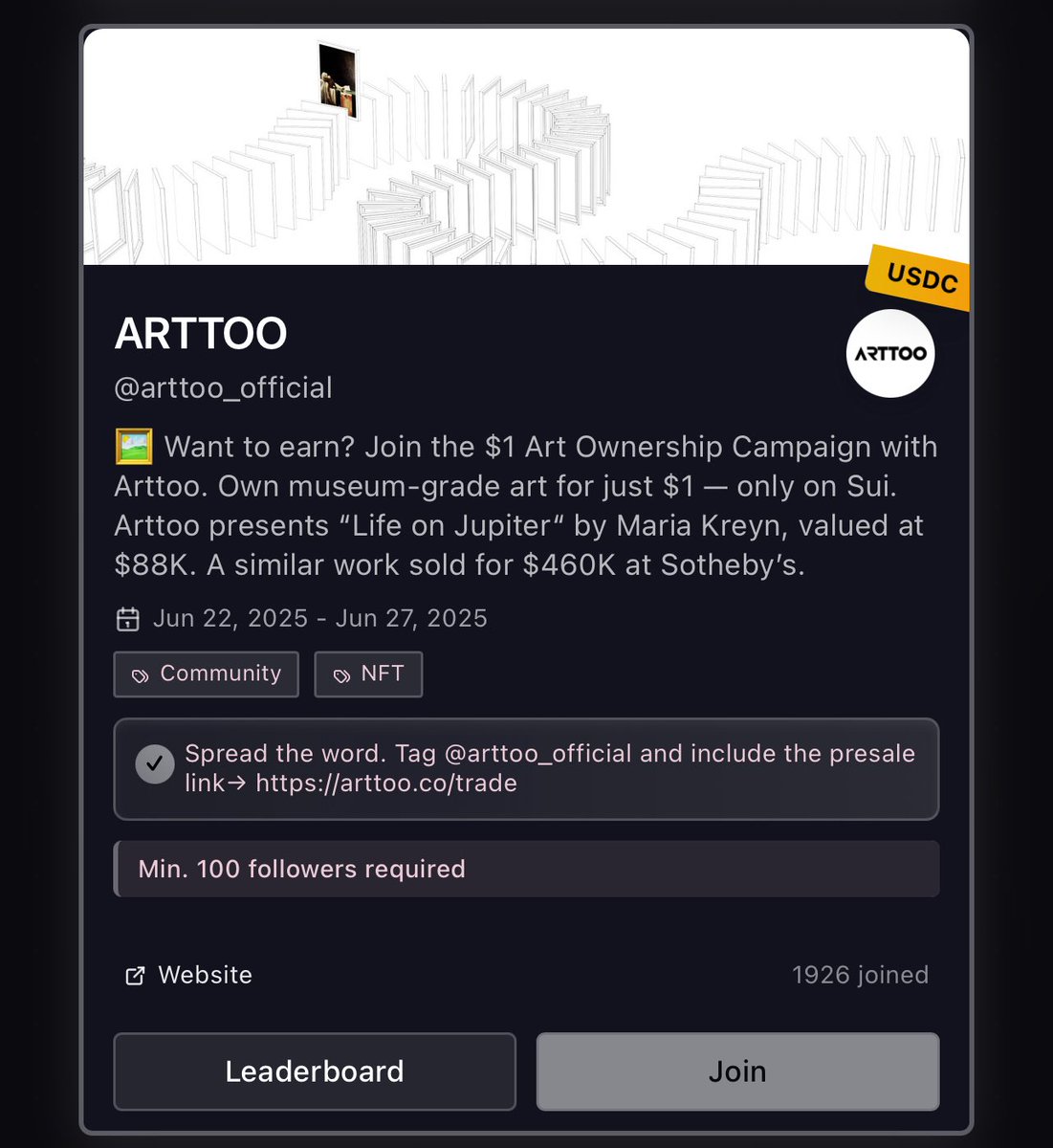 Akter13Pervin's tweet image. New loyalty 🧿✨

🖼️ Own museum-grade art for just $1? 
 Yes, with @arttoo_official — only on Sui! 🔥
 “Life on Jupiter” by Maria Kreyn (valued at $88K) could be yours 👇 arttoo.co/trade

Join now &amp;amp; earn with @GiveRep 💵 #NFT #SuiNetwork #ArtToo #GiveRep #CryptoArt 🎨