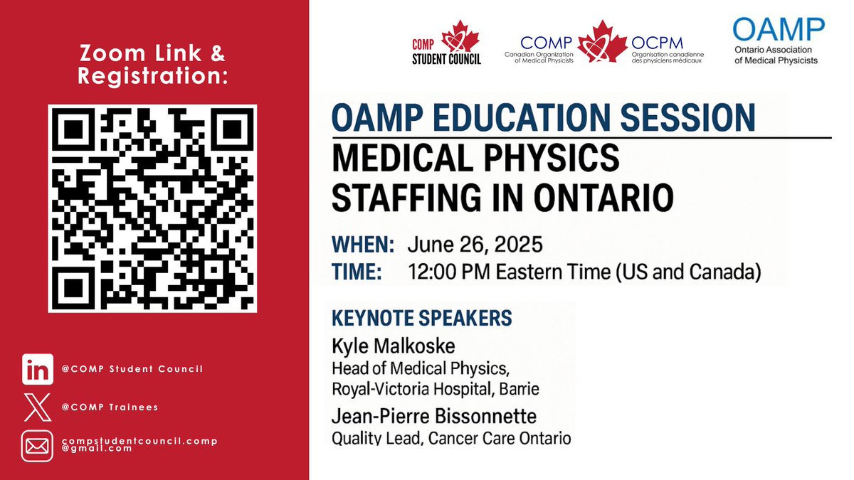 COMPTrainees's tweet image. π’ Join the OAMP Education Session on Medical Physics Staffing in Ontario!
π June 26, 2025 | π 12 PM ET
π With Kyle Malkoske & Jean-Pierre Bissonnette
π zoom.us/j/99694894585?β¦
#MedPhys #OAMP #COMP #RadiationTherapy #OntarioHealthcare