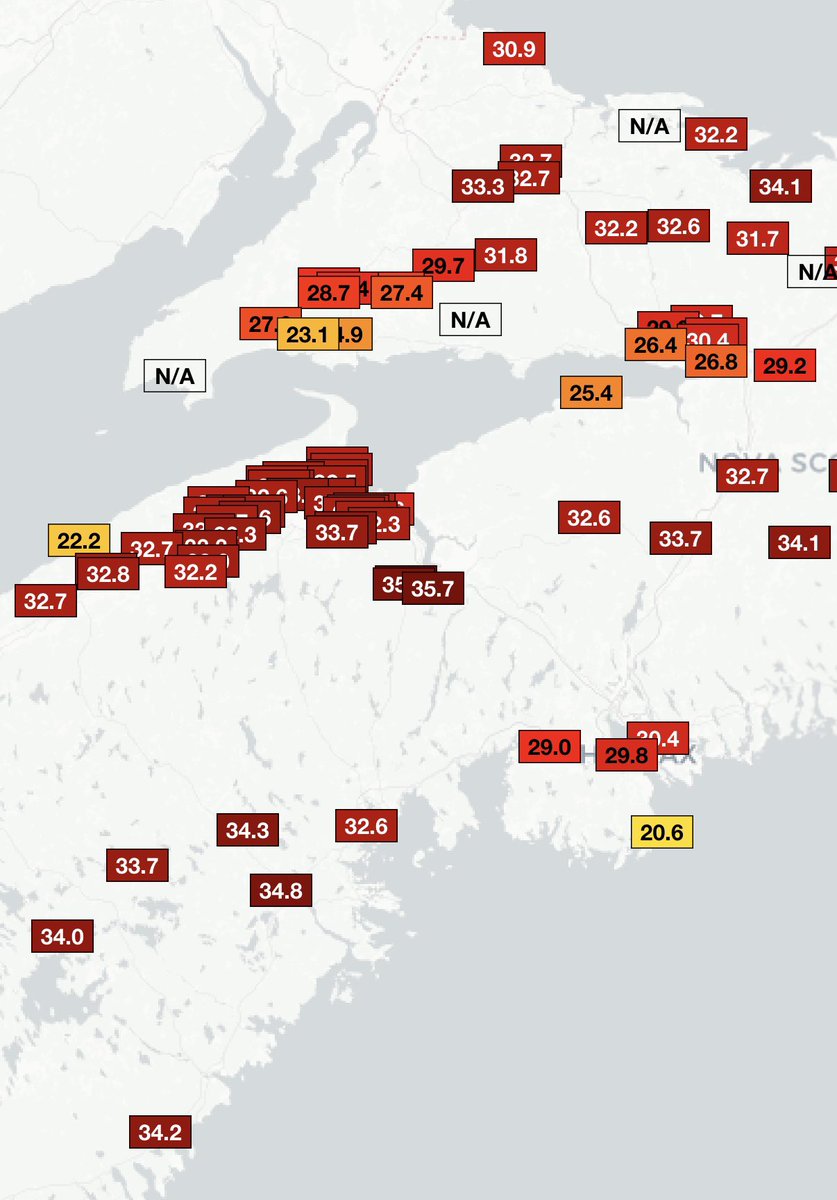 Blisteringly hot day across much of Nova Scotia, with the ECCC station at Kejimkujik Park setting a new all time June record of 34.4°C. Previous record 34.0°C

Air temperatures were warmer still to the northeast, with Bridgewater reaching 34.8°C, and Windsor 35.7°C #nswx