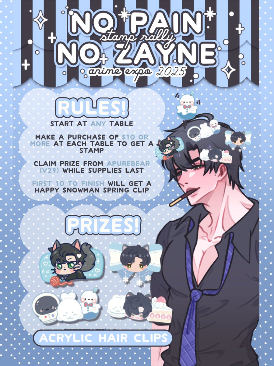 l0vetrisha's tweet photo. ZAYNE STAMP RALLY @ ANIME EXPO??? ZAYNE STAMP RALLY @ ANIME EXPO REAL?? YES IT IS!

join + complete the rally to get a set of hair clips based off of our fav snowman! 

first 10 will get a happy snowman clip!

*FCFS while supplies last*

#LoveandDeepspace #animeexpo2025 https://t.co/hyjBM9HJOU
