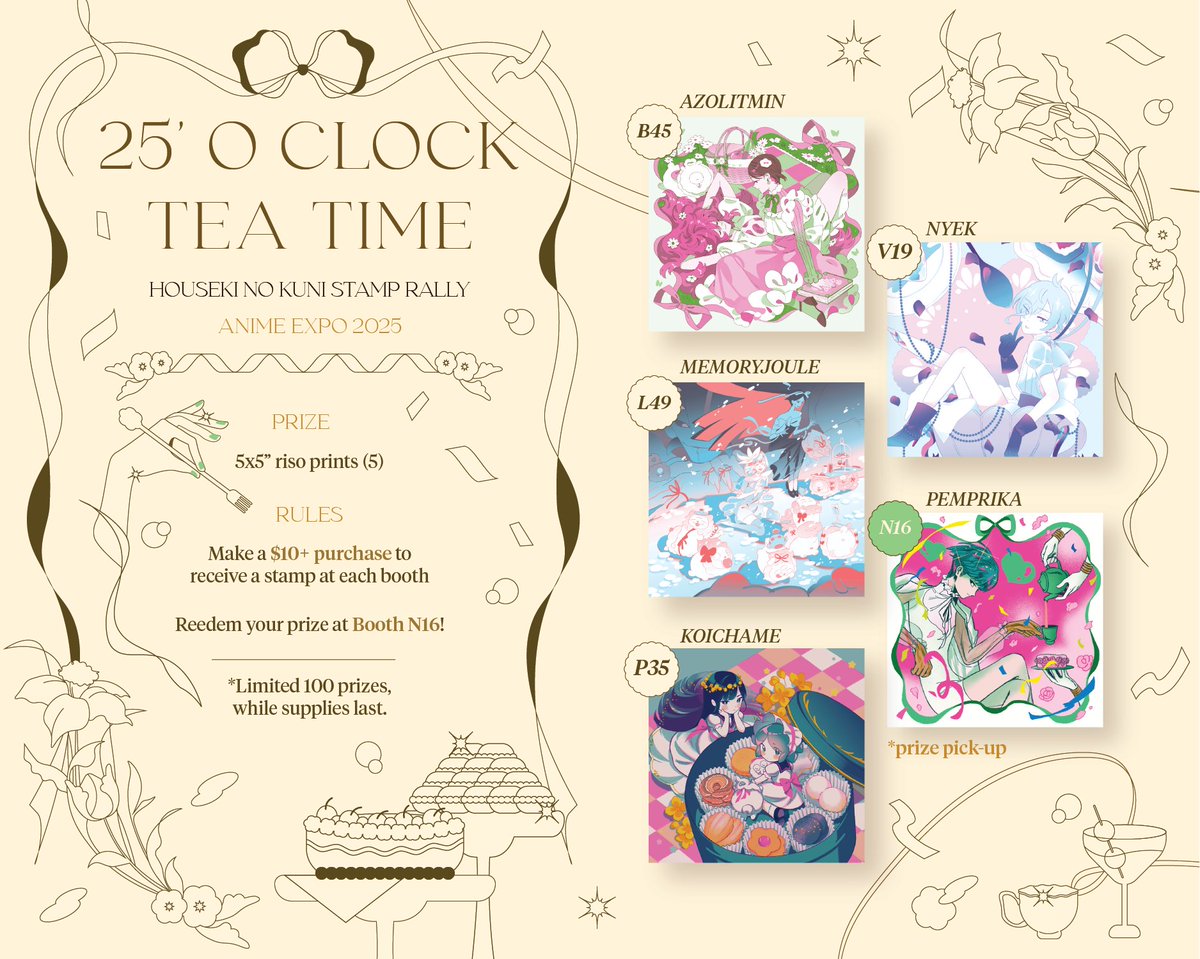25'O CLOCK TEA TIME 🫖🍰

you are cordially invited to join our tea time HNK stamp rally at #AX2025!!🌙💎 collect a stamp from each booth to receive our riso print set prize! 💫

🍽️THE MENU
🍰<a href="/azolitmin/">🩷 Count Draculacha 💚 AX #B45/B46</a> B45
🍰<a href="/memoryjoule/">owl 🌜 AX L49</a> L49
🍰<a href="/koichame/">miki 🌸 AX P35 / SMASH 4.O28</a> P35
🍰<a href="/droppallet/">nyek 🌱 AX V19 | SMASH 4.i.22</a> V19
🍰<a href="/pemprika/">pemprika @ AX N16</a> N16