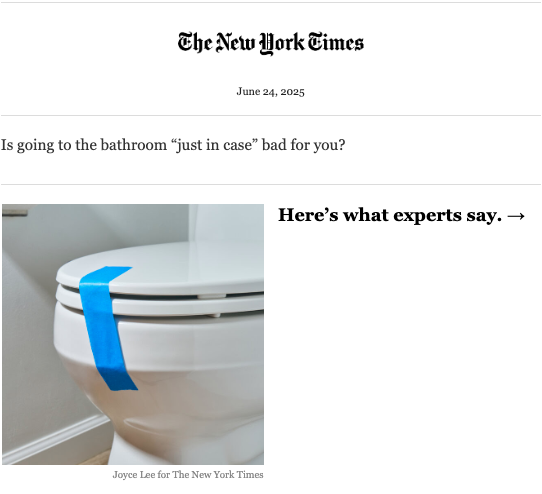 NBD we're only on the brink of an authoritarian state, another useless war and crippling depression but...

<a href="/nytimes/">The New York Times</a> : "Is peeing bad for you?" 🙄
