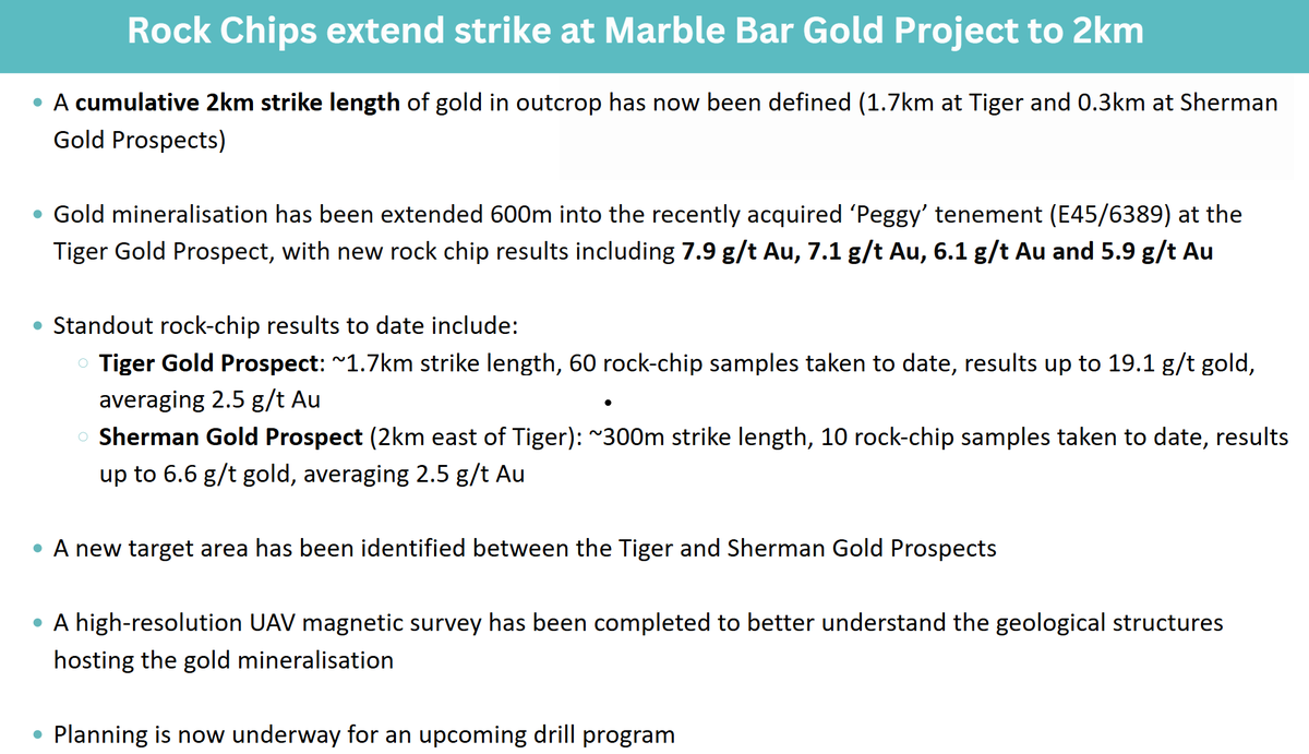 Rock chip assays up to 7.9g/t Au from the newly acquired Peggy tenement have extended the cumulative mineralisation to 2km at our Marble Gold Project. Drill planning now underway.

Read more: tinyurl.com/3n9xun76

#KM1 #gold
