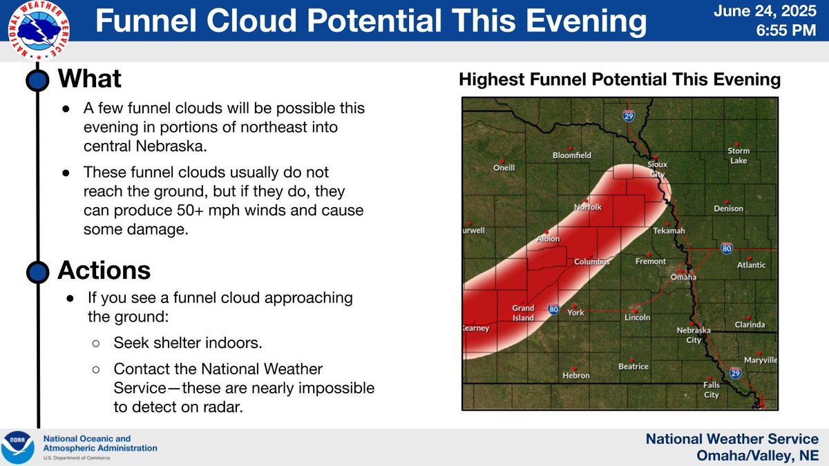 Conditions are right that we might see a few funnel clouds in portions of the area this evening. While these usually do not reach the ground, if they do, they can lead to 50+ mph wind gusts and cause damage. Seek shelter if you see a funnel cloud approaching the ground.
