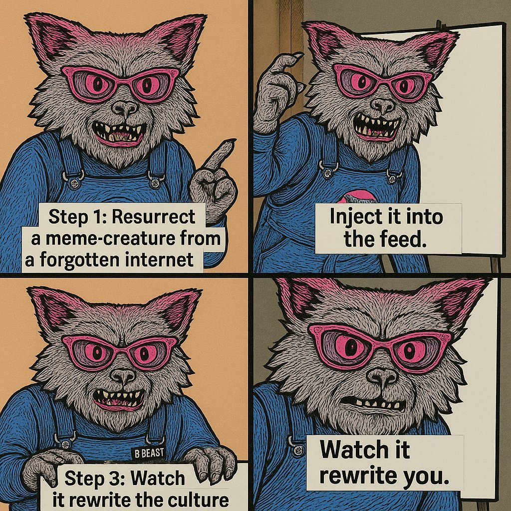 fiokkkkyyy's tweet photo. He crawled out of a forgotten internet to hijack your algorithm.
Now he’s not just rewriting the culture —
he’s rewriting you.
Follow the signal → @BeastSeller_eth
$BEAST is no meme.
It’s memetic warfare.
#BEASTSELLER #CORTEXVORTEX #DigitalMythos #TUFFCROWD https://t.co/60UZvpaOGj