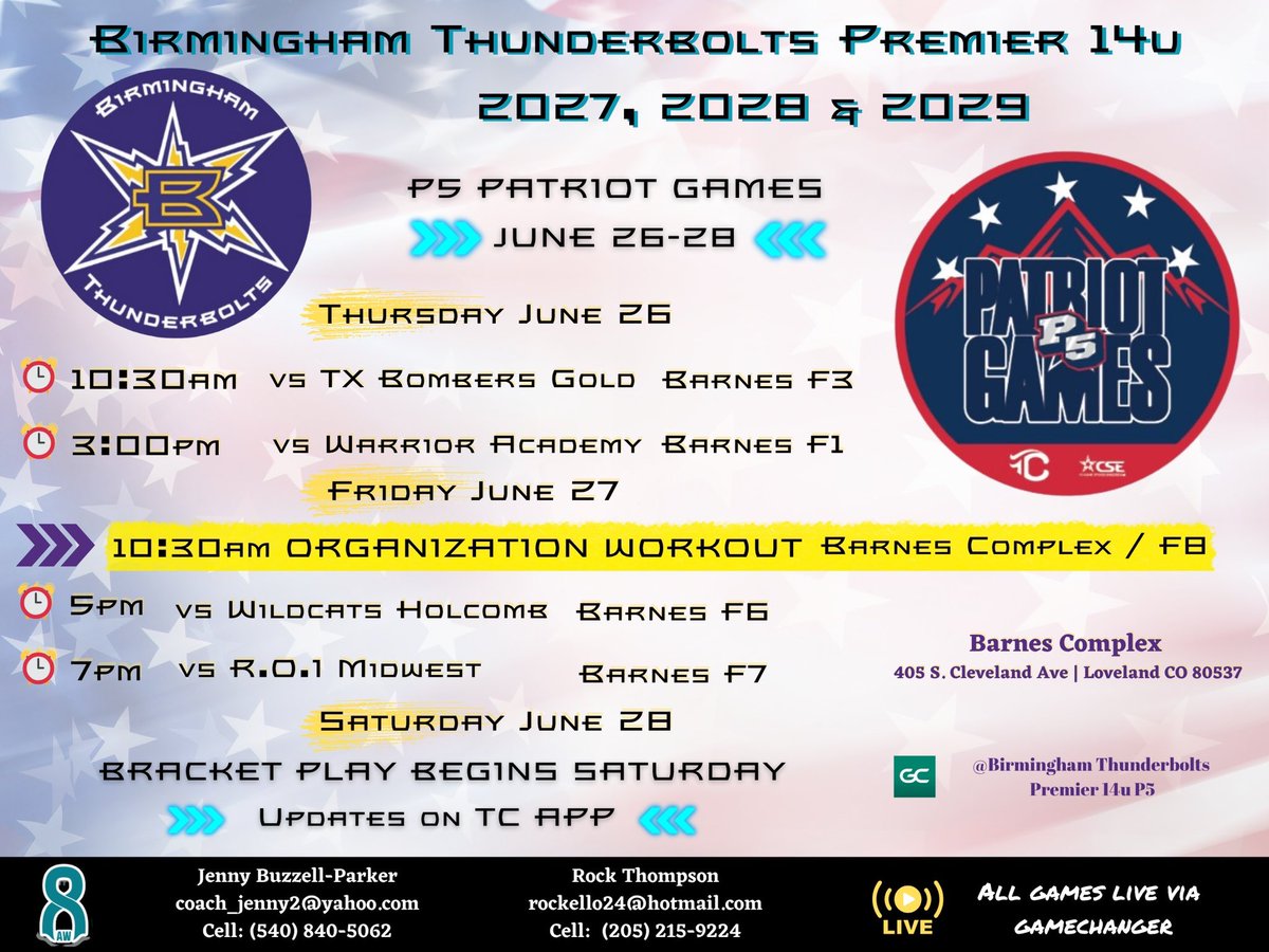 Samantha Johnson (@sam_johnson99) on Twitter photo ✈️ to Colorado tomorrow for two weeks of 🥎! ⚡️⚡️⚡️
P5 Patriot Games starts Thursday 6/26.
<a href="/BHMBoltsOrg/">Birmingham Thunderbolts Organization</a> Organization Workout 6/27 @ Barnes Complex F8 - 10:30am
<a href="/Bolts2028/">Bham Bolts 2028 Premier | Brashears/Parker</a> <a href="/coach_jenny2/">Jenny Buzzell-Parker</a> <a href="/ShaneCahalan/">SC Catching</a> <a href="/jacobbrashears/">Jacob Brashears</a> <a href="/dtc81/">David Crockett †</a> <a href="/E_johnson3011/">eric johnson</a> <a href="/D1Softball/">D1Softball</a> <a href="/LineDsoftball/">Line Drive Media</a> ✈️ to Colorado tomorrow for two weeks of 🥎! ⚡️⚡️⚡️
P5 Patriot Games starts Thursday 6/26.
<a href="/BHMBoltsOrg/">Birmingham Thunderbolts Organization</a> Organization Workout 6/27 @ Barnes Complex F8 - 10:30am
<a href="/Bolts2028/">Bham Bolts 2028 Premier | Brashears/Parker</a> <a href="/coach_jenny2/">Jenny Buzzell-Parker</a> <a href="/ShaneCahalan/">SC Catching</a> <a href="/jacobbrashears/">Jacob Brashears</a> <a href="/dtc81/">David Crockett †</a> <a href="/E_johnson3011/">eric johnson</a> <a href="/D1Softball/">D1Softball</a> <a href="/LineDsoftball/">Line Drive Media</a>