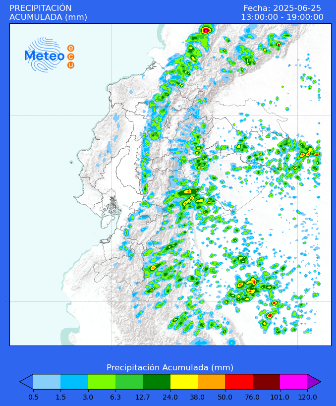 Pronóstico meteorológico de precipitación acumulada en #Ecuador para la tarde del miércoles 25 de junio de 2025