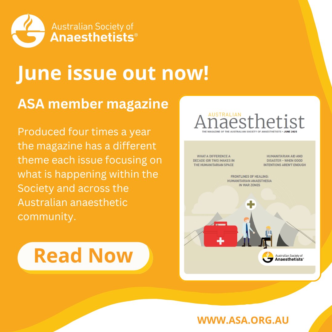 The Australian Society of Anaesthetists (@asa_australia) on Twitter photo The June issue of the Australian Anaesthetist showcases the incredible work of anaesthetists working under extreme conditions in conflict zones and humanitarian missions.
Members, you can get a sneak preview of the digital version here: asa.org.au/publications/a… The June issue of the Australian Anaesthetist showcases the incredible work of anaesthetists working under extreme conditions in conflict zones and humanitarian missions.
Members, you can get a sneak preview of the digital version here: asa.org.au/publications/a…