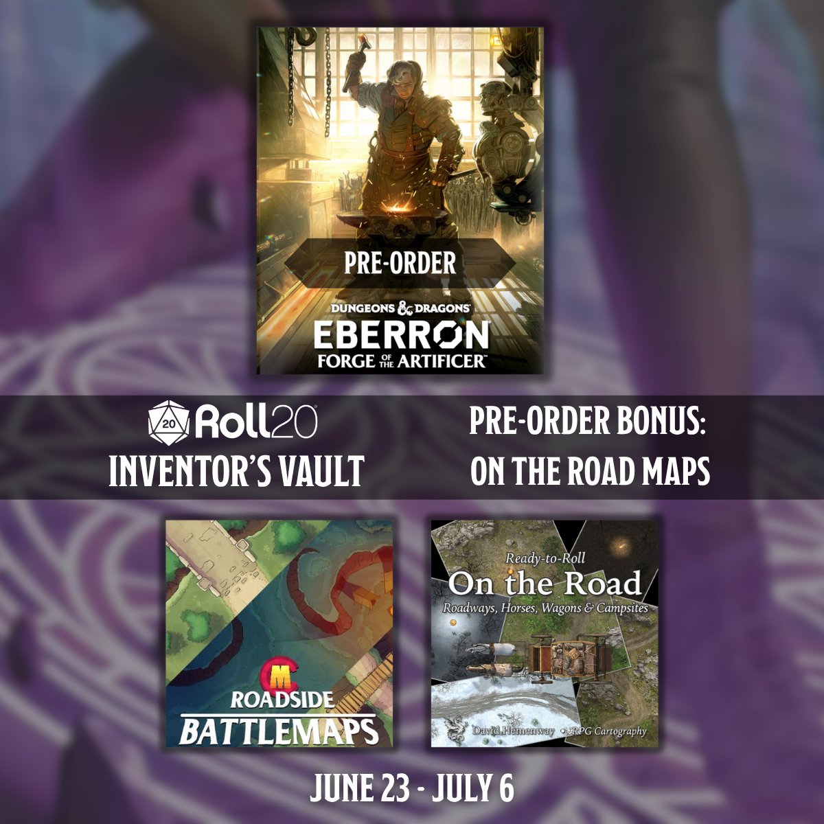 Preorder Eberron: Forge of the Artificer on Roll20 for $19.99!

✅ 40+ new player options
✅ $88 in FREE VTT bonuses when you order before June 30

This week’s VTT bonus: 42 road maps &amp; 104 campsite assets FREE with your order!

Claim it &amp; future bonuses: hubs.li/Q03tpTY_0