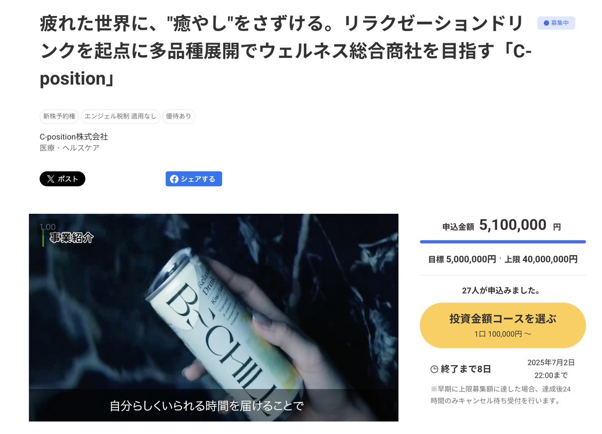 nhatae's tweet image. 【祝、目標到達!】
キウイ味のリラックス飲料、BECHILLを主力に、ウェルネス総合商社化を目指すC-position社のクラウドファンディング、目標額の500万円に到達しました。
@C_position_yutoをフォローして一緒に夢を応援しませんか。 「疲れた社会に、"癒し"をさずける」 ecrowd.co.jp/projects/52