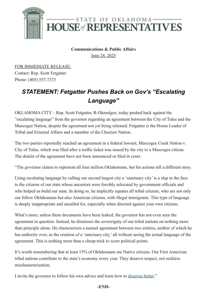 Condemning "escalating language" in Stitt's release, #okleg Rep. Scott Fetgatter calls the governor's comparison of tribal citizenship to the "sanctuary city" term "a slap in the face to the citizens of our state whose ancestors were forcibly relocated by government officials."