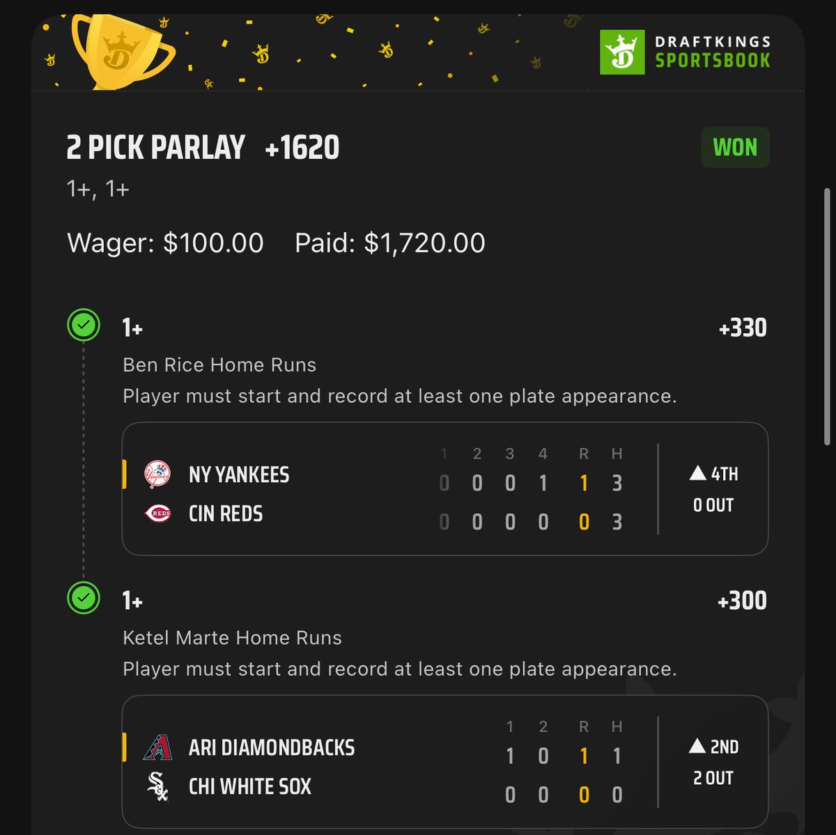 JustVibesBets's tweet photo. Letssss goooo!! Early dinger Tuesday cash!! Posted earlier on page. Make sure you follow so you don’t miss out daily picks and parlays!! 

That is 3 Dinger lays cashed in the last 3 days!!  

Run this up for us gang!! 
#gamblingX #GamblingTwitter #DingerTuesday https://t.co/sySKmBC02z