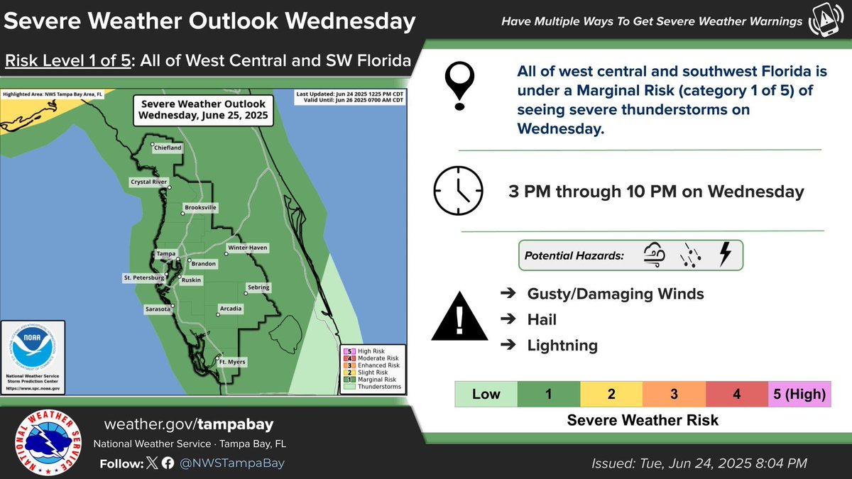All of west central and southwest Florida is under a Marginal Risk of seeing severe thunderstorms on Wednesday with the primary threats being damaging wind gusts, though large hail (1” in diameter or greater) will also be possible.  #FLwx