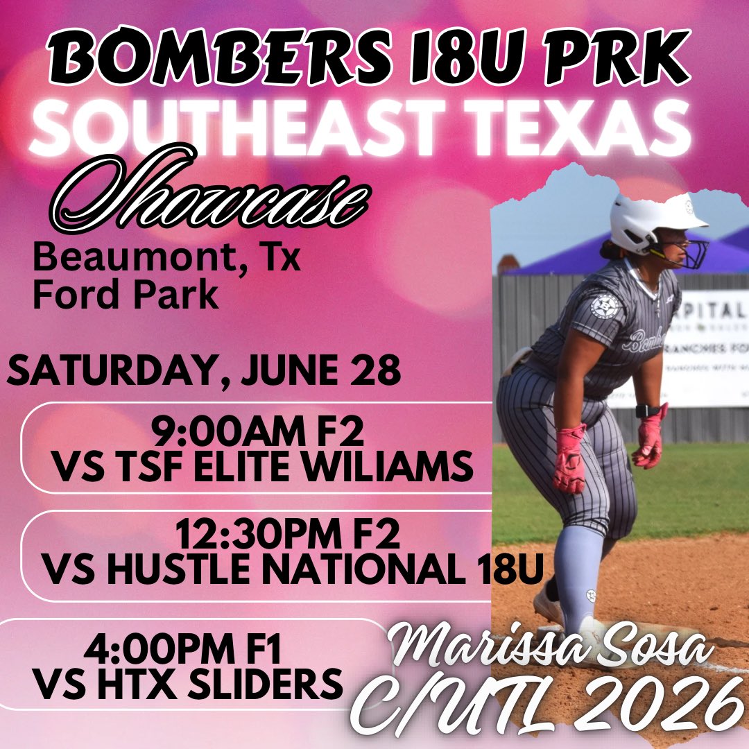 Marissa Sosa 2026 C/UTL (@marissasosa2026) on Twitter photo After a week off from tournaments ready to get back at it! Come see us at Southeast Texas Showcase!
<a href="/BomberSTX18U/">STX Bombers 18U Gold PRK</a> <a href="/CoachVLB/">Vernon L. Bland</a> <a href="/CoachOCisco/">CoachOCisco</a> <a href="/CoachBiancaG/">Coach Bianca Gonzales</a> <a href="/coach_NicoleD/">Coach Nicole Dame</a> <a href="/TheCoachLeCroy/">The Coach LeCroy🥎</a> <a href="/CoachA_Williams/">Coach Williams</a> <a href="/PJ3sticks/">Pharis Jackson (PJ)</a> <a href="/UHV_Softball/">UHV Softball</a> <a href="/LCUSoftball/">LCU Softball</a> <a href="/AmyHooks10/">Amy Hooks</a> <a href="/caseydickson717/">Casey Dickson</a> After a week off from tournaments ready to get back at it! Come see us at Southeast Texas Showcase!
<a href="/BomberSTX18U/">STX Bombers 18U Gold PRK</a> <a href="/CoachVLB/">Vernon L. Bland</a> <a href="/CoachOCisco/">CoachOCisco</a> <a href="/CoachBiancaG/">Coach Bianca Gonzales</a> <a href="/coach_NicoleD/">Coach Nicole Dame</a> <a href="/TheCoachLeCroy/">The Coach LeCroy🥎</a> <a href="/CoachA_Williams/">Coach Williams</a> <a href="/PJ3sticks/">Pharis Jackson (PJ)</a> <a href="/UHV_Softball/">UHV Softball</a> <a href="/LCUSoftball/">LCU Softball</a> <a href="/AmyHooks10/">Amy Hooks</a> <a href="/caseydickson717/">Casey Dickson</a>