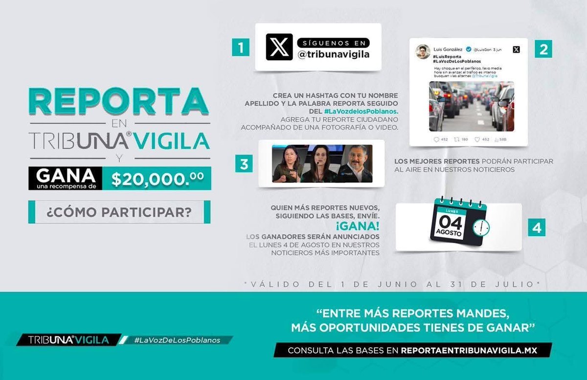 ¿Te gustaría ganar 20 mil pesos? 🤑

Nuestros compañeros de Tribuna Vigila, #LaVozDeLosPoblanos, están por llegar a sus 100 mil seguidores, y quieren festejarlo contigo. 👏🏻

Participa en la dinámica #ReportaEnTribunaVigila 

➡️ Consulta las bases en reportaentribunavigila.mx