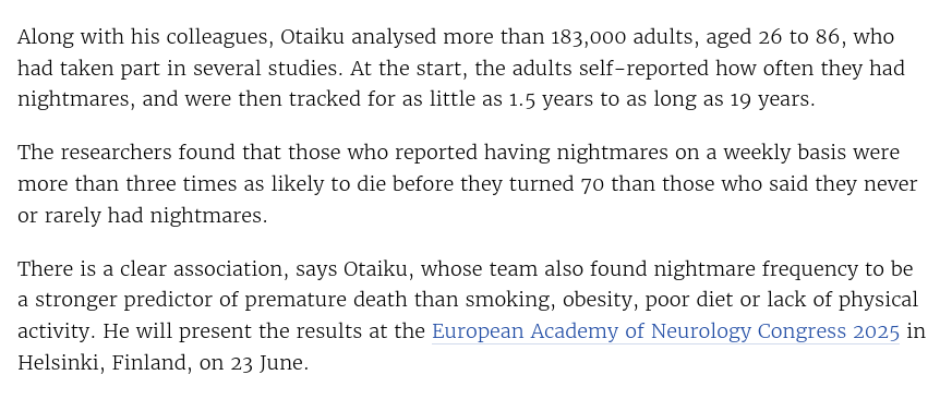 "nightmare frequency [is] a stronger predictor of premature death than smoking, obesity, poor diet or lack of physical activity."