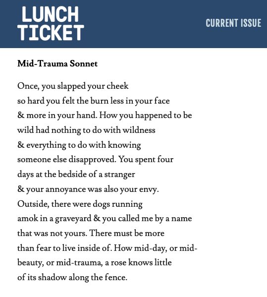 Susan L. Leary (@susanlleary) on Twitter photo 3 new poems up at the incredible <a href="/LunchTicket1/">Lunch Ticket</a>! Here’s “Mid-Trauma Sonnet.” It’s a beautiful issue, friends, edited by one of the kindest: Jessica Ballen. So very glad to be included! 💙
Check out the entire issue here: lunchticket.org/archive/issue-… 3 new poems up at the incredible <a href="/LunchTicket1/">Lunch Ticket</a>! Here’s “Mid-Trauma Sonnet.” It’s a beautiful issue, friends, edited by one of the kindest: Jessica Ballen. So very glad to be included! 💙
Check out the entire issue here: lunchticket.org/archive/issue-…