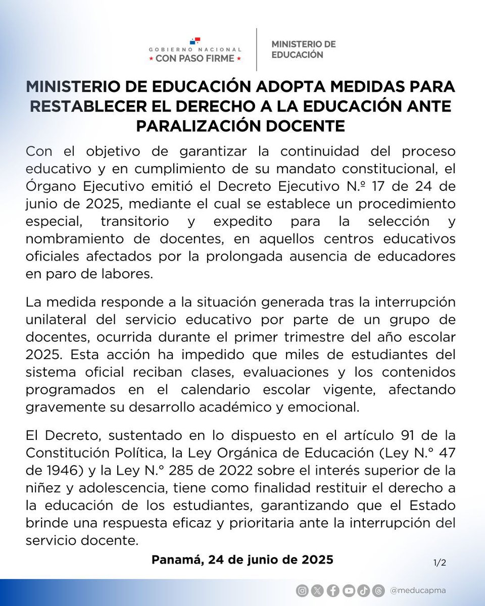 MeducaPma's tweet photo. 📢 Comunicado | El Ministerio de Educación adopta medidas para restablecer el derecho a la educación ante paralización docente.

#SomosMeduca 
#ConPasoFirme https://t.co/RFQJg0c2Xd