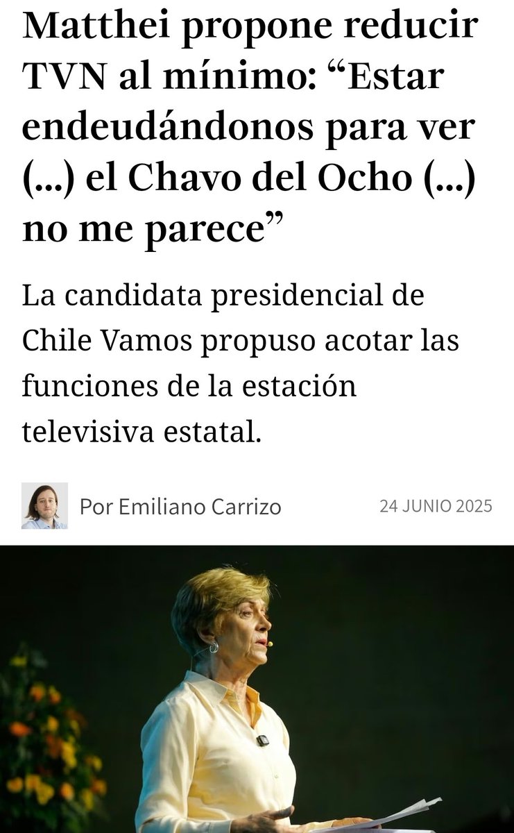 AssLatam's tweet image. Evelyn Matthei, chilean presidential candidate, said that she will defund her country's public broadcaster because "it isnt worth getting into debt to watch El Chavo del Ocho".
