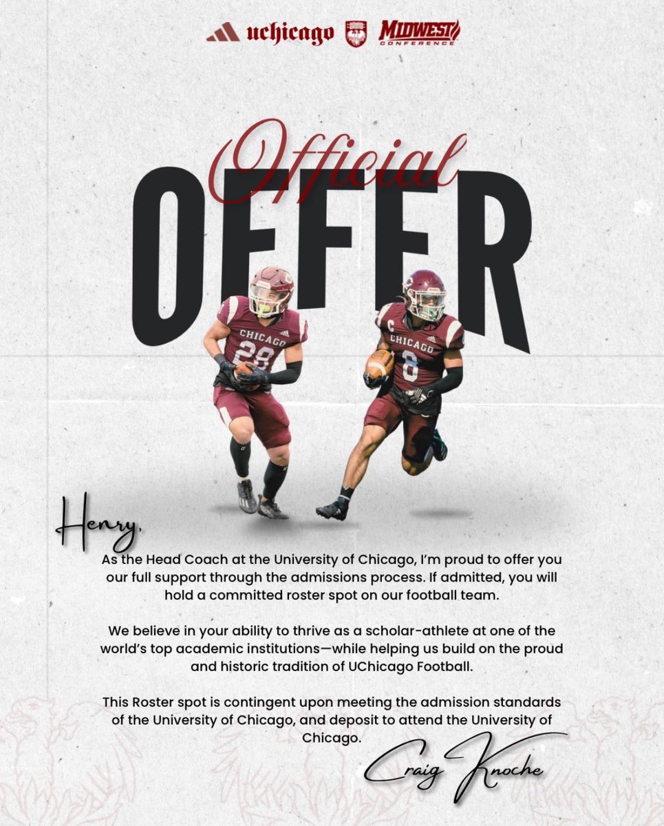 Henry Dixon OL 4.8 GPA (@henrydixon2026) on Twitter photo Thank you <a href="/CoachK_UChicago/">Craig Knoche</a> for the offer to play at UChicago. Thank you <a href="/CoachK_UChicago/">Craig Knoche</a> for the offer to play at UChicago.