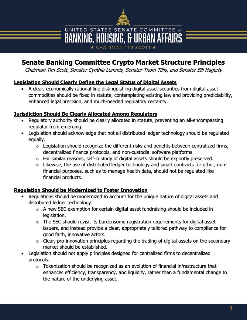 🚨 BREAKING: Il Comitato Bancario del Senato degli Stati Uniti pubblica i principi per la struttura del mercato delle criptovalute firmati da importanti senatori repubblicani.