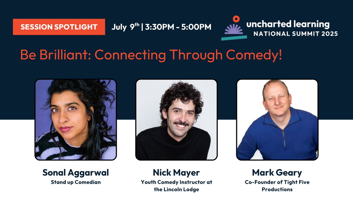 incubatoredu's tweet image. At #ULSummit2025, comedians Sonal Aggarwal, Nick Mayer, and Mark Geary will explore how comedy connects, inspires, and brings people together. Sure to be a brilliant session full of heart, humor, and insight!
#UnchartedLearning #BeBrilliant #ComedyConnects
