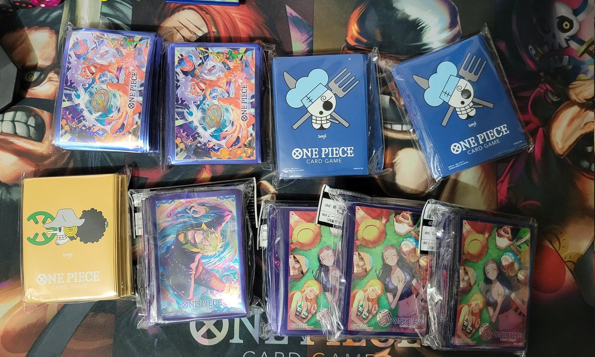 Clearing out some sleeves BCF 24 Luffy sleeves 40 each Sanji Sleeves jolly  roger 18 Usopp sleeves 18 Sanji 15 Nico robin 12 Add 4 for shipping Free  shipping on 2 or more