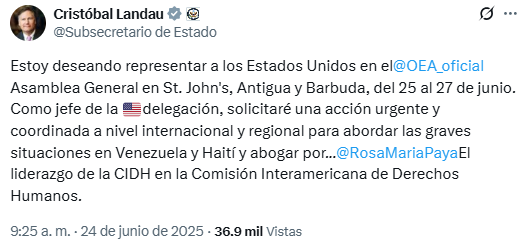 DIFUNDELOYA's tweet photo. 🚨 ¡ÚLTIMA HORA VENEZUELA! 🚨 🇻🇪

Subsecretario de Estado de Estados Unidos, Christopher Landau, pedirá en la OEA acciones urgentes y coordinadas para abordar la situación en Venezuela. https://t.co/tStagkpOzW