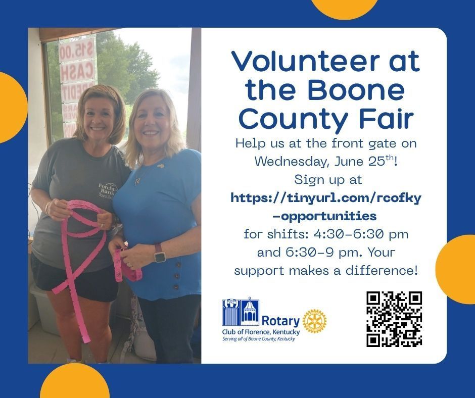 Great community service opportunity as we help at the Boone County Fair! Meet and get to know Rotary members (need not be a Rotary member to volunteer).  Sign-up at:
tinyurl.com/rcofky-opportu…