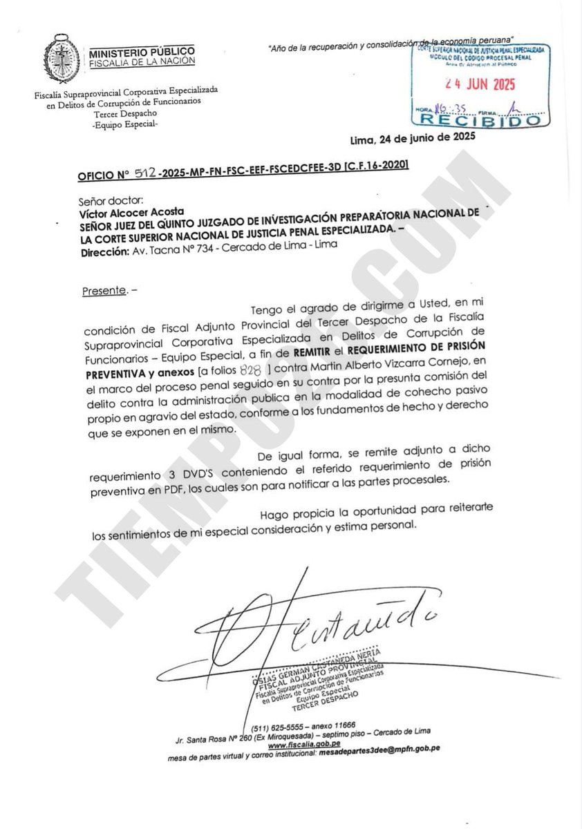 suriel's tweet image. ⚫🔴ÚLTIMO MOMENTO.
PRISIÓN CONTRA VIZCARRA.
Fiscalía Supraprovincial Corporativa Especializada en Delitos de Corrupción solicita 36 meses de PRISIÓN PREVENTIVA contra Martín Vizcarra por el delito de COHECHO PASIVO PROPIO en el Expediente: 00033-2020-46-5001-JR-PE.01