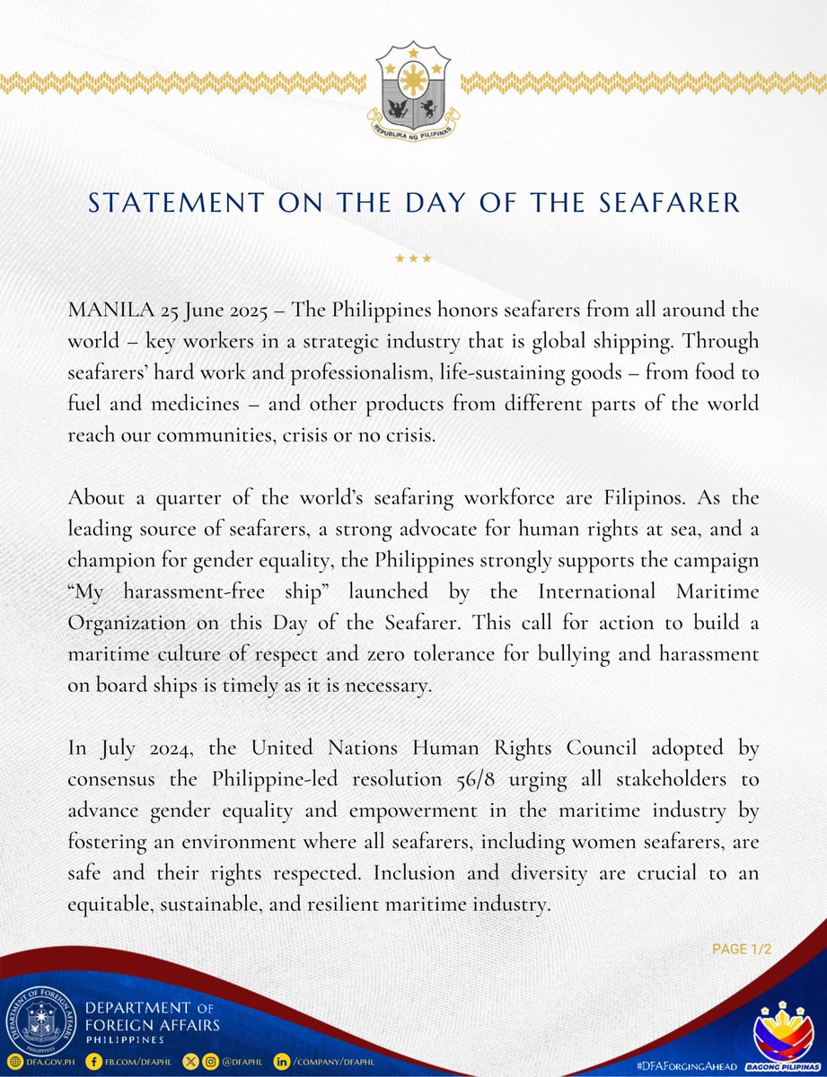 DFAPHL's tweet image. ‼️READ‼️ #DFAStatement: On the Day of the Seafarer

#DFAForgingAhead