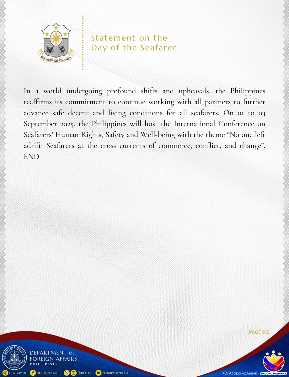 DFAPHL's tweet image. ‼️READ‼️ #DFAStatement: On the Day of the Seafarer

#DFAForgingAhead