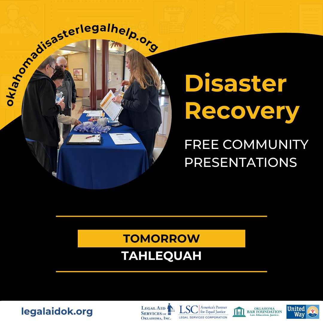 TOMORROW | Tahlequah Senior Citizens Center
⏰ 10:30 AM &amp; 11:00 AM⁣⁣

Topics are Disaster Recovery &amp; Advance Directives, Wills &amp; Estate Planning
⁣