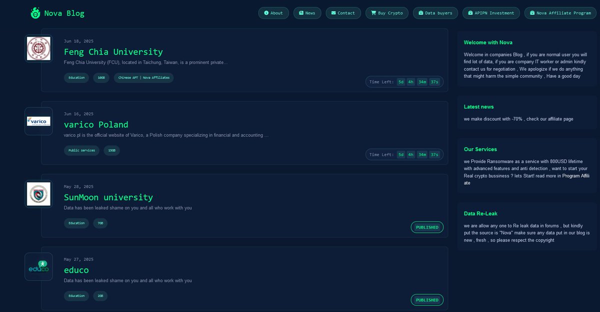 🚨 New ransomware alert: Nova Ransomware

🧬 A new ransomware-as-a-service operation named Nova Ransomware has emerged. Written in Rust, it delivers custom-built lockers for Windows, Linux, and VMware ESXi, and uses AES and ChaCha20-Poly1305 encryption algorithms.

💬 Nova
