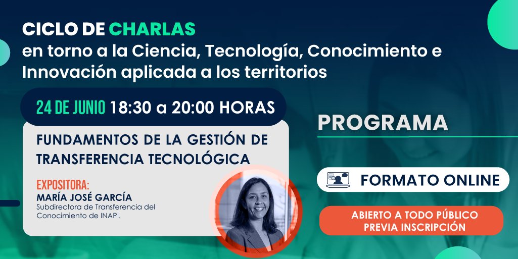 Nos vemos hoy a través de nuestro YouTube en una nueva sesión del Ciclo de Charlas sobre CTCI aplicada a los territorios.

HOY "Fundamentos de la Gestión de Transferencia Tecnológica" a cargo de Ma José García de <a href="/inapichile/">INAPI</a> 

Desde las 18:30 horas youtube.com/watch?v=RcElXt…